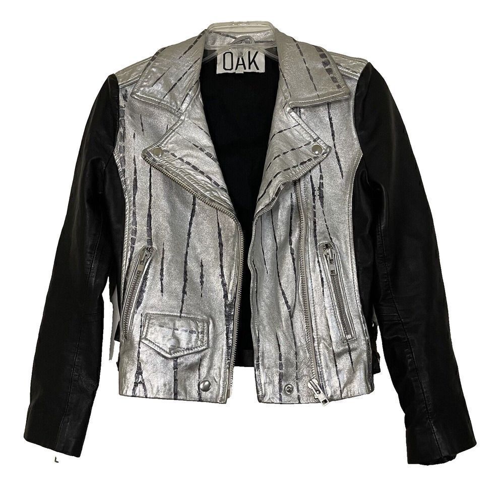 Oak Genuine Leather Black And Silver Metallic Motorcycle Riding Zip Up Jacket S